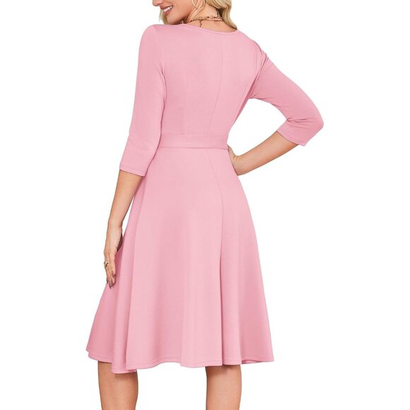 Women's Pink 3/4 Sleeve Vintage Flattering A-line Vintage Cocktail Dresses - Picture 5 of 5